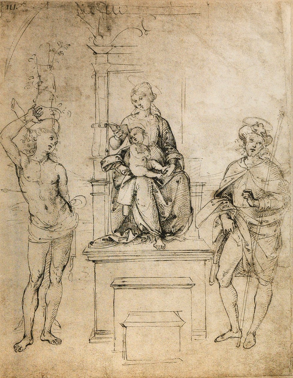 Panna, Jezulátko, sv. Šebestián a sv. Rocco; kresba od Raphaela. Louvre, Paříž od Raffaello Sanzio Raphael