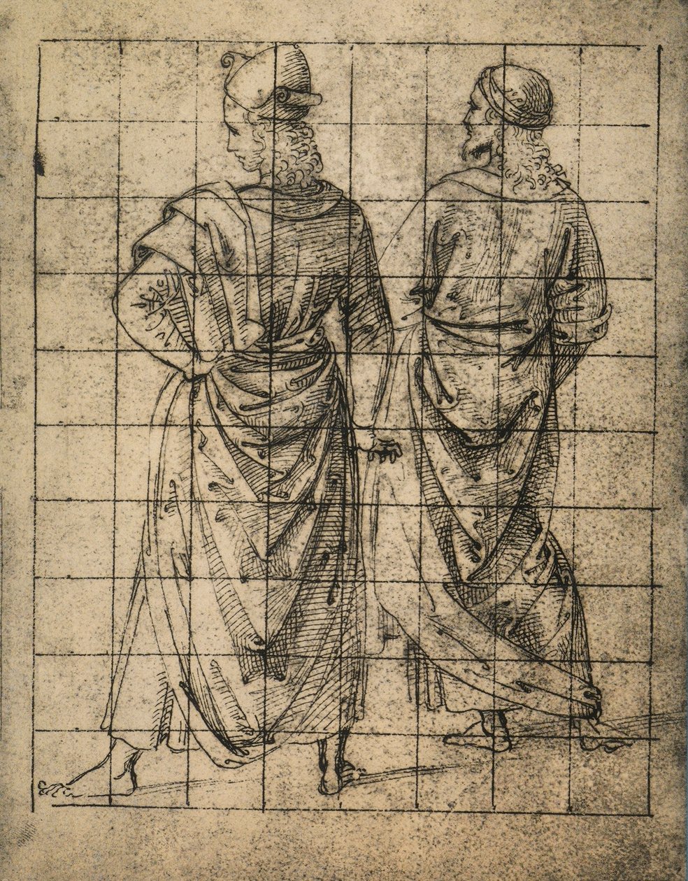 Dvě stojící mužská postava, pohled zezadu; kresba od Raphaela. Gallerie dell