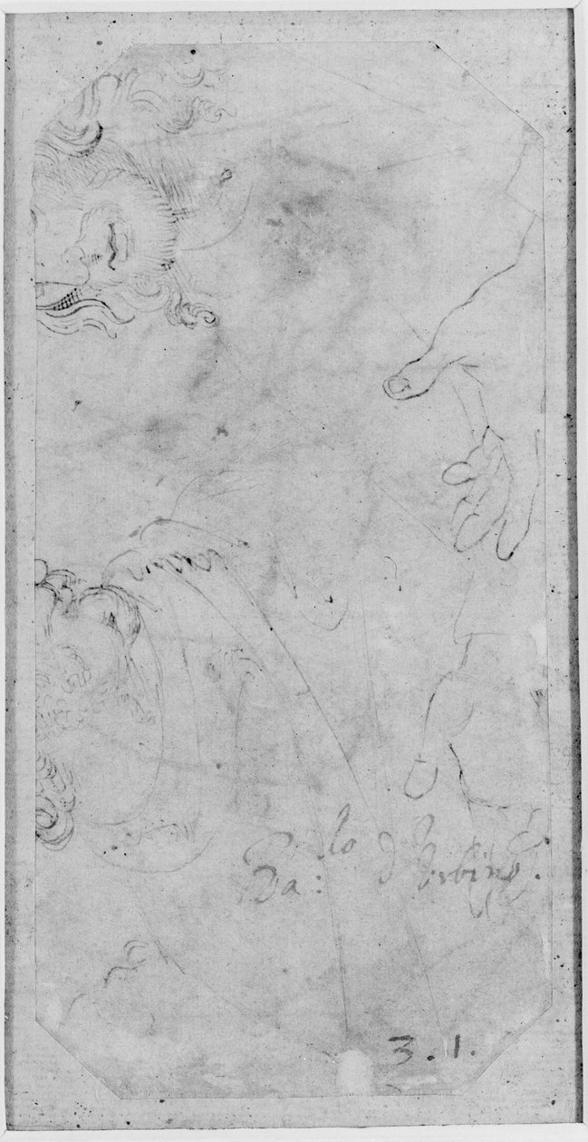 Verso: Náčrty dvou mužských hlav a páru rukou, WA1846.167 (pero a hnědý inkoust na bílém papíře) od Raffaello Sanzio Raphael