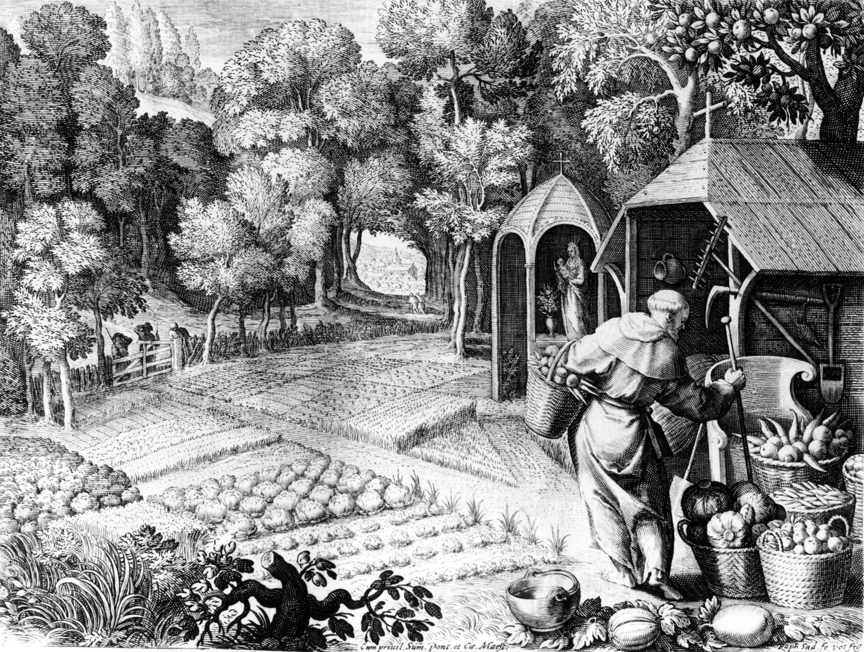 Svatý Fiacre ve své zahradě, cca 1580-1620 od Raphael I Sadeler