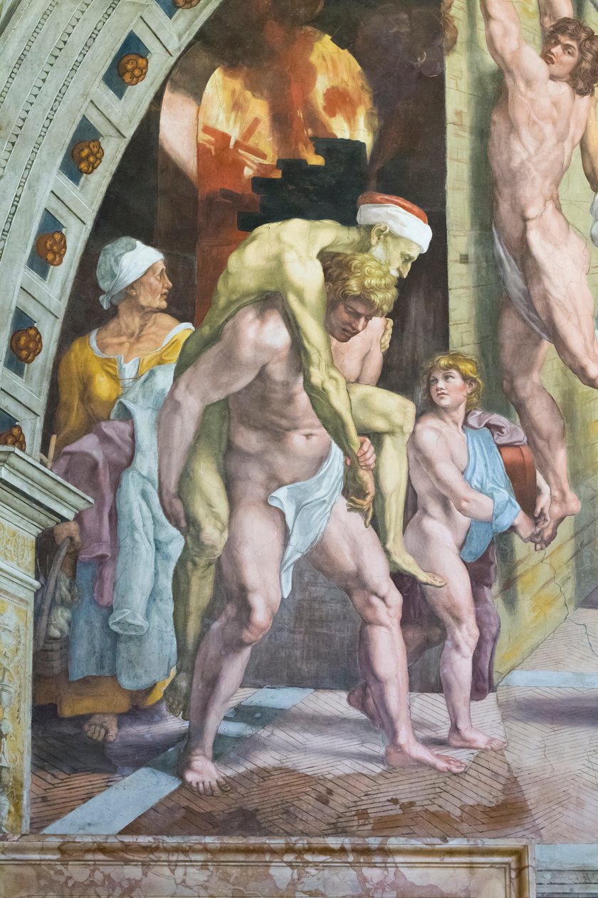 Oheň v borgu, detail, který pravděpodobně zobrazuje Aenea na útěku se svým otcem Anchises a jeho synem Ascanius od Raphael (1483-1520) (& studio)