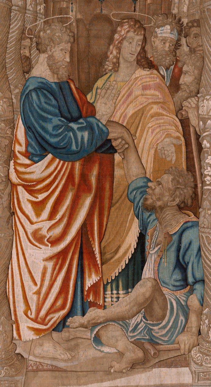Vlámský gobelín. řada Skutky apoštolů. Zázrak chromého muže (El milagro del paralítico). Třetí tapisérie v sérii. Kreslený model od Rafaela Sanzia. 1519. Manufaktura Jan Raes II, Brusel. Ca1605-1629. Tkanina Hedvábí a vlna. Rozměr 524 x 400 od Raphael