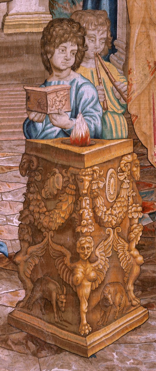 Vlámský gobelín. Řada Skutky apoštolské. Svatý Pavel a svatý Barnabáš v Lystře (San Pablo y San Bernabé en Lystra). 8. látka v sérii, byla rozdělena na dvě části, aby se přizpůsobila místnosti. Kreslený model od Rafaela Sanzia. 1519. Manufaktura Jan Raes od Raphael