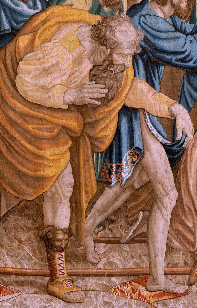 Vlámský gobelín. Řada Skutky apoštolské. Svatý Pavel a svatý Barnabáš v Lystře (San Pablo y San Bernabé en Lystra). 8. látka v sérii, byla rozdělena na dvě části, aby se přizpůsobila místnosti. Kreslený model od Rafaela Sanzia. 1519. Manufaktura Jan Raes od Raphael