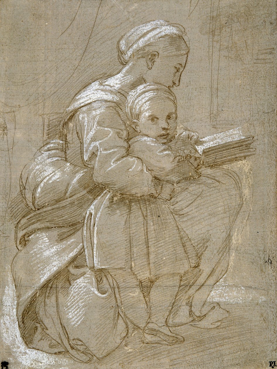 Žena sedící na židli a čtení, s dítětem stojícím po jejím boku (kovová špička a bílá barva těla na papíře) od Raphael