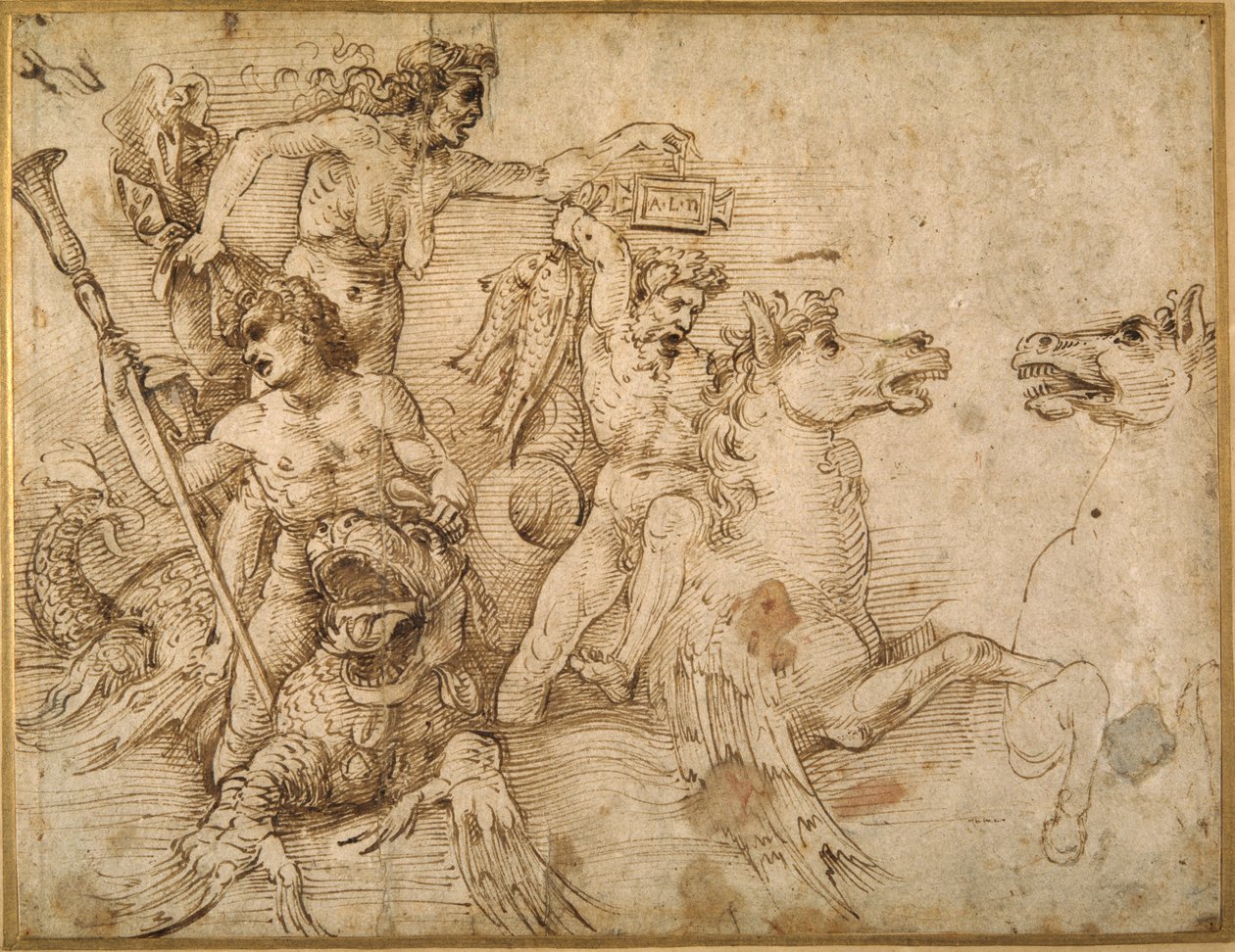 Bitva Tritonů, po Andrea Mantegna (pero a hnědý inkoust na bílém papíře) od Raphael