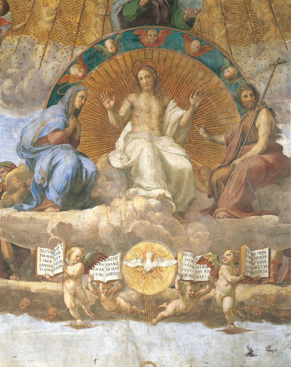 Kristus po stranách Blahoslavené Panny Marie a Jana Křtitele, detail disputace o Nejsvětější svátosti od Raphael