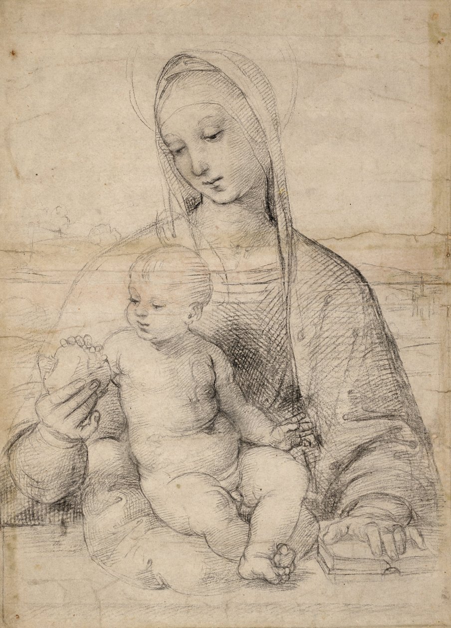 Madona z granátového jablka, kolem 1504 (černošedá křída) od Raphael