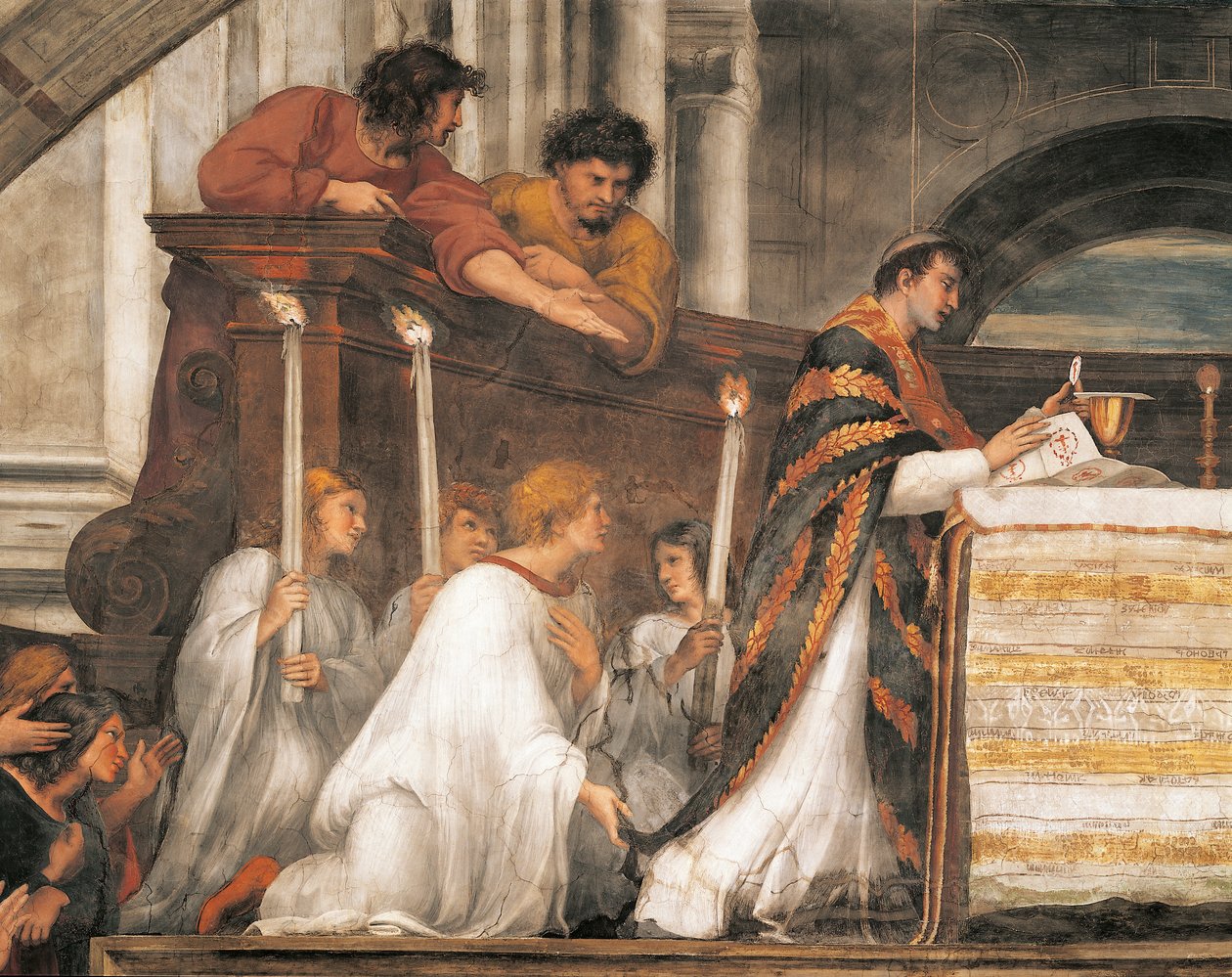 Eucharistický zázrak, detail mše v Bolseně od Raphael (1483 1520)