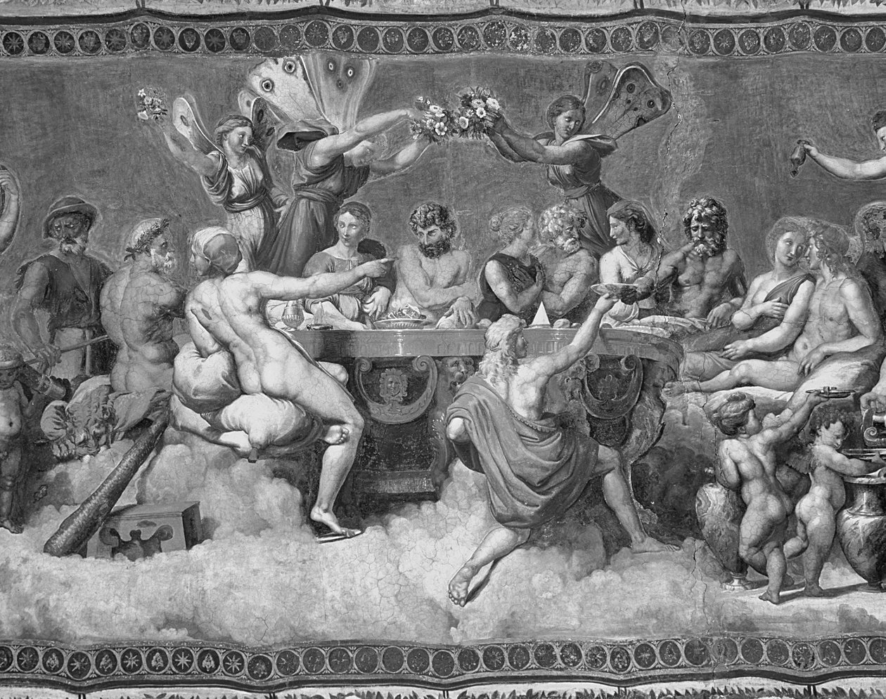 Banket bohů, nástropní malba Námluvy a Sňatek Amora a Psyché (freska) (č/b foto) (detail 57688) od after Raphael