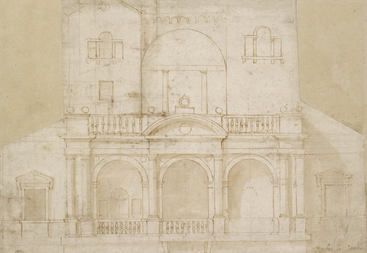 Architektonický design (Villa Madama) (pero a hnědý inkoust s hnědým praním na špinavě bílém papíře) od Raphael