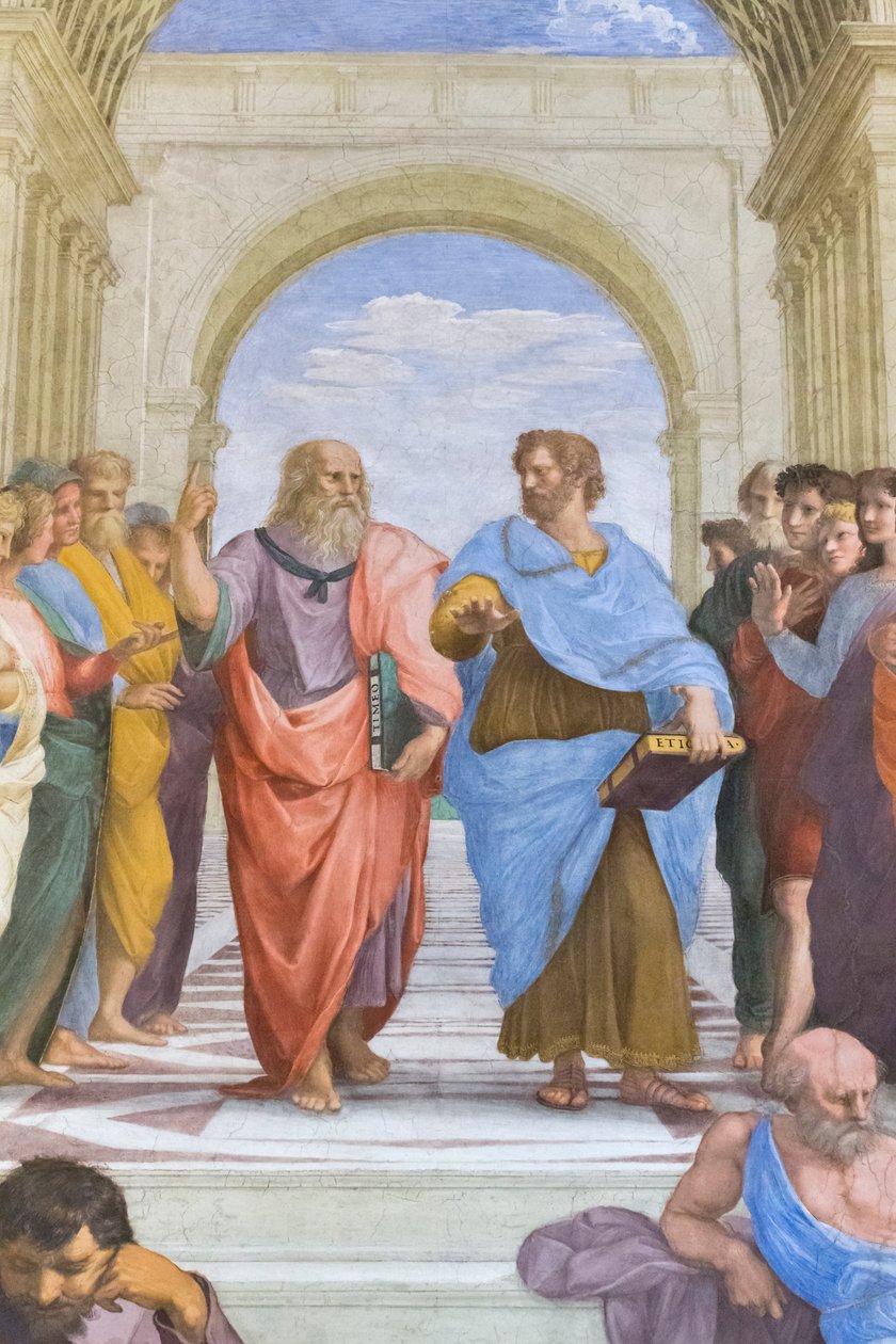 Aristoteles ja Platon: yksityiskohta Ateenan koulusta Stanza della Segnaturassa od Raphael (1483 1520)