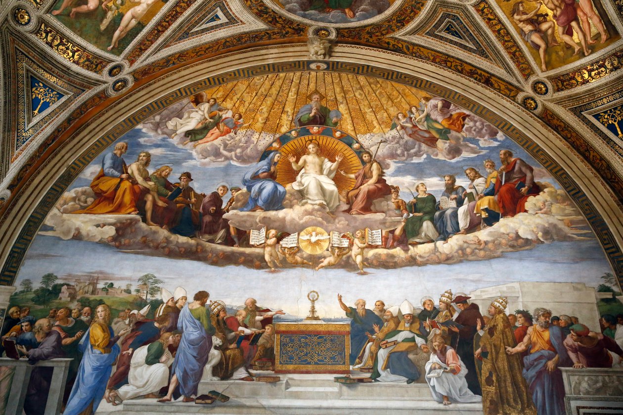 Disputace Nejsvětější svátosti, ve Stanza della Segnatura (čerstvé) od Raphael (1483 1520)