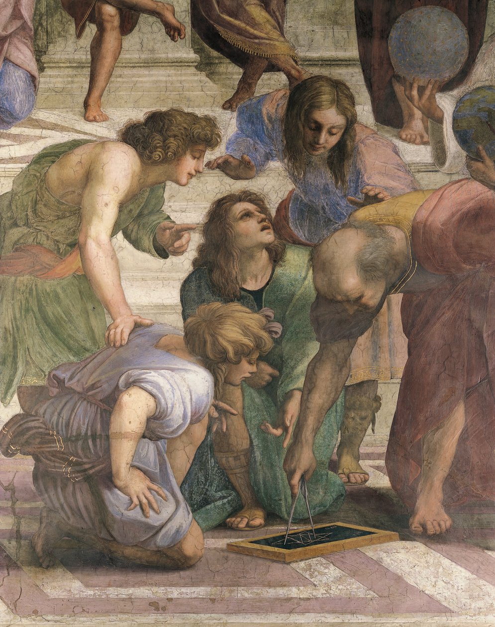Euklides kreslí postavu hexagramu s kompasem, detail Athénské školy od Raphael (1483 1520)
