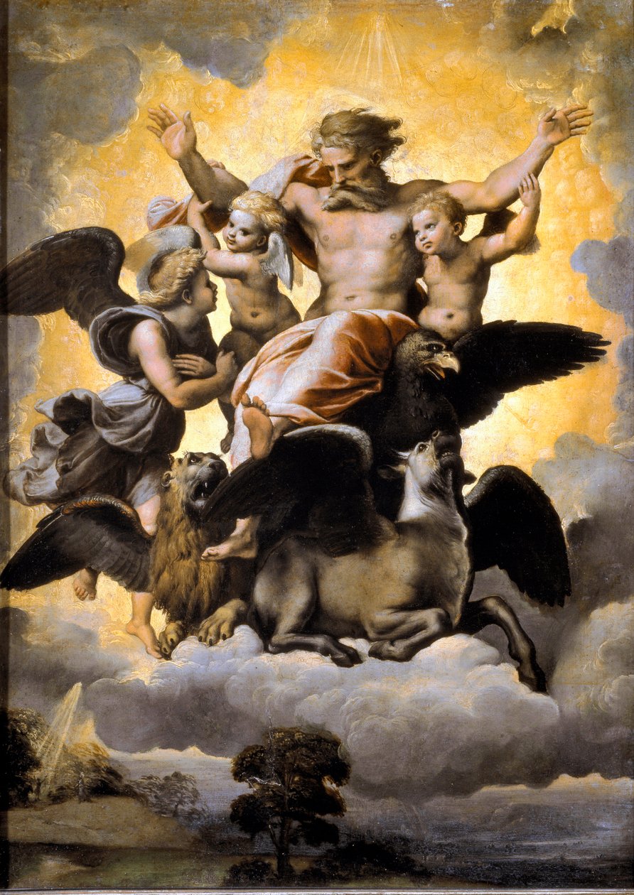 Ezechielova vize. S tetramorfem obklopeným cherubíny. (Malování od Raphael