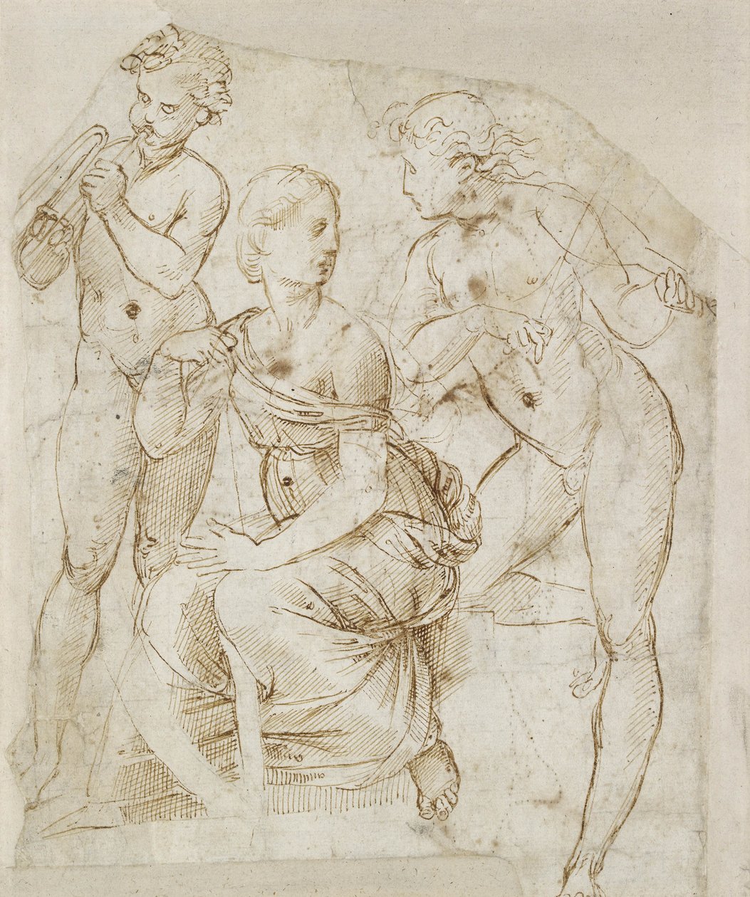 Skupina hudebníků (pero a hnědý inkoust na bílém papíře) od Raphael