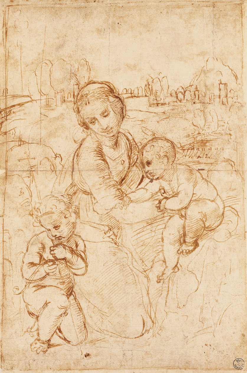 Madona s dítětem s malým svatým Janem Křtitelem, asi 1508, od Raphaela (1483-1520), kresba od Raphael (1483 1520)