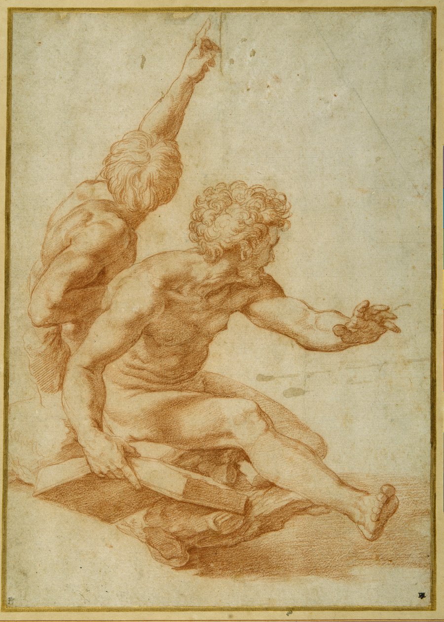 Studie aktů pro svatého Ondřeje a dalšího apoštola v Proměně (červená křída přes prohlubeň pera na krémovém papíře) od Raphael