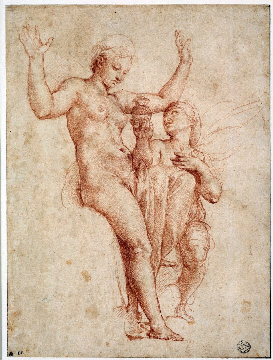 Psyché představující Venuši vodu Styxu. Kresba a la sanguine od Raffaella Sanzia dit Raphaela (1483-1520) od Raphael