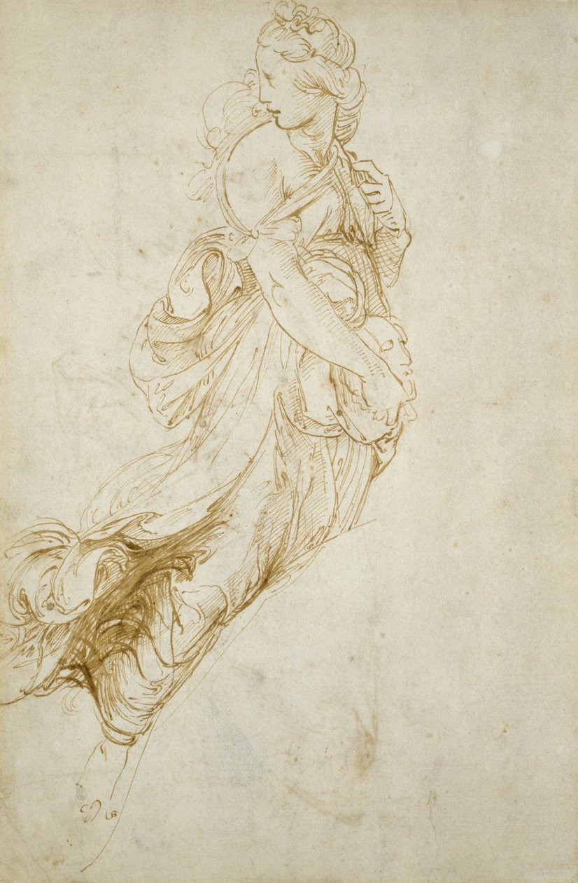 Studie k postavě Melpomene (pero a hnědý inkoust na špinavě bílém papíře) od Raphael