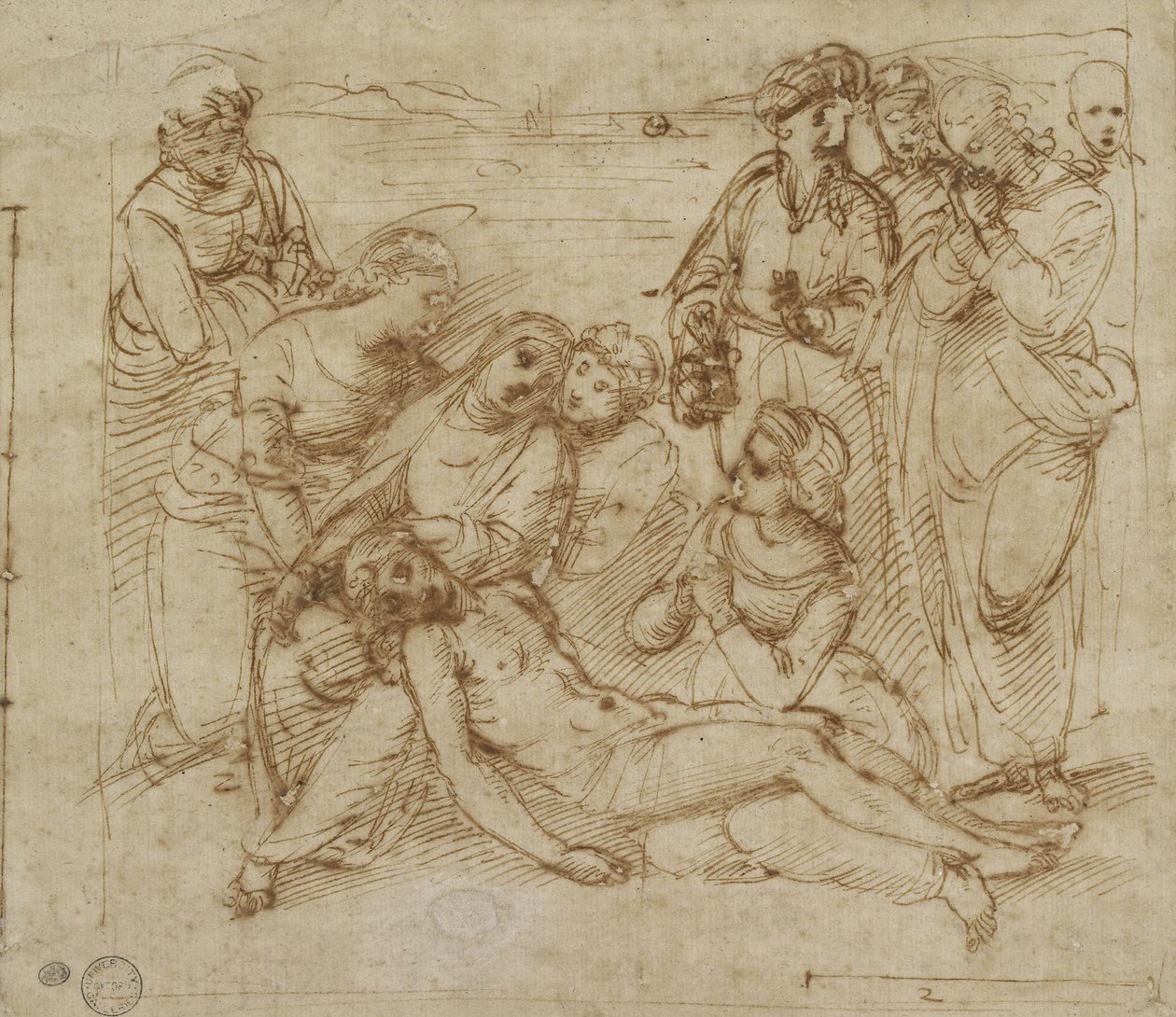 The Lamentation (pero a hnědý inkoust na bílém papíře) od Raphael