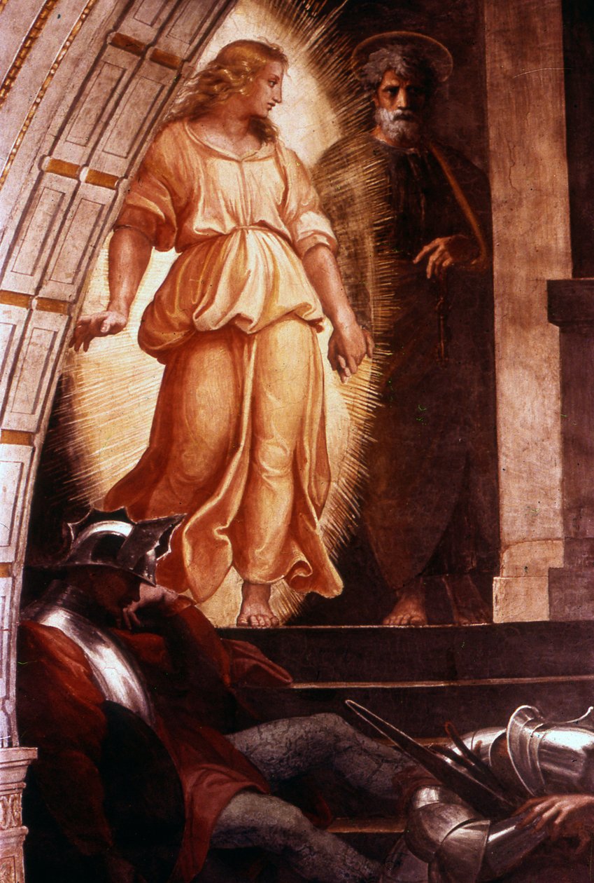 Pyhän Pietarin vapautuminen (yksityiskohta) italialaisen korkearenessanssitaiteilijan Raphaelin freskomaalauksesta od Raphael (1483 1520)