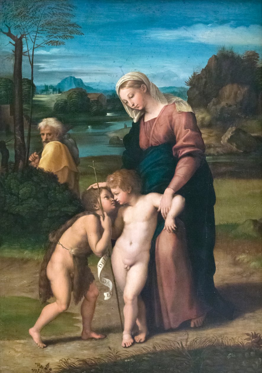 Svatá rodina se setká s malým svatým Janem Křtitelem, známým jako Madonna del Passeggio od Raphael (1483 1520)