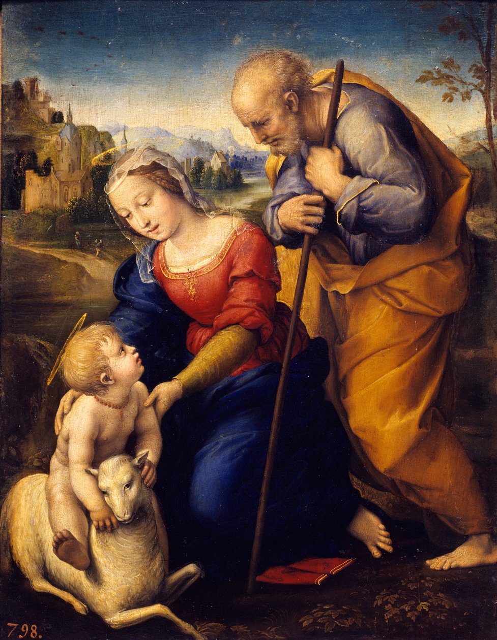 Svatá rodina má beránka. Obraz Raffaello Sanzio dit Raphael (1483-1520) od Raphael