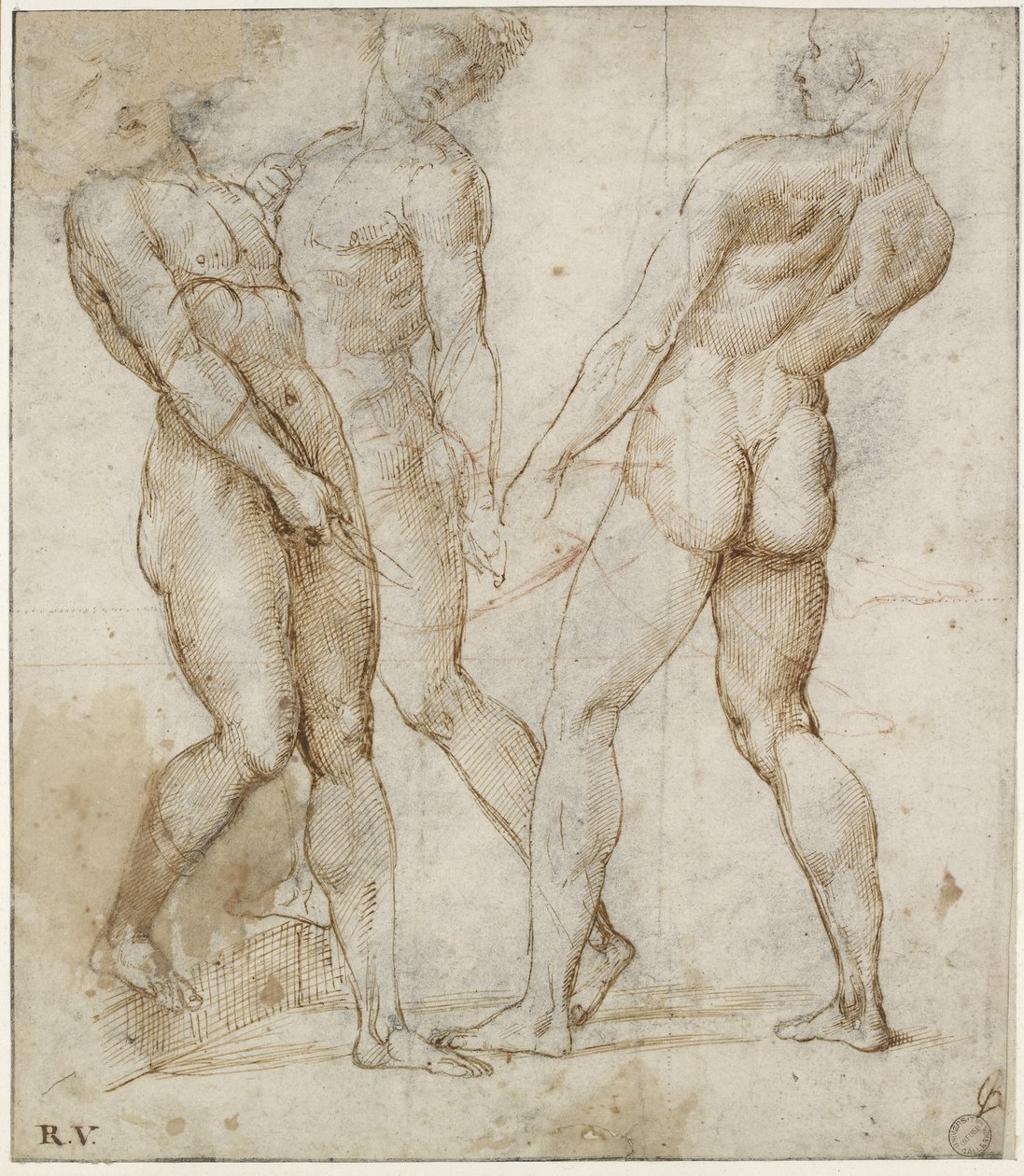 Tři nahí nositelé (studie pro Pohřeb Krista), WA1846.173 (pero a hnědý inkoust na černé křídě, s červenou křídou na geometrických označeních) od Raphael
