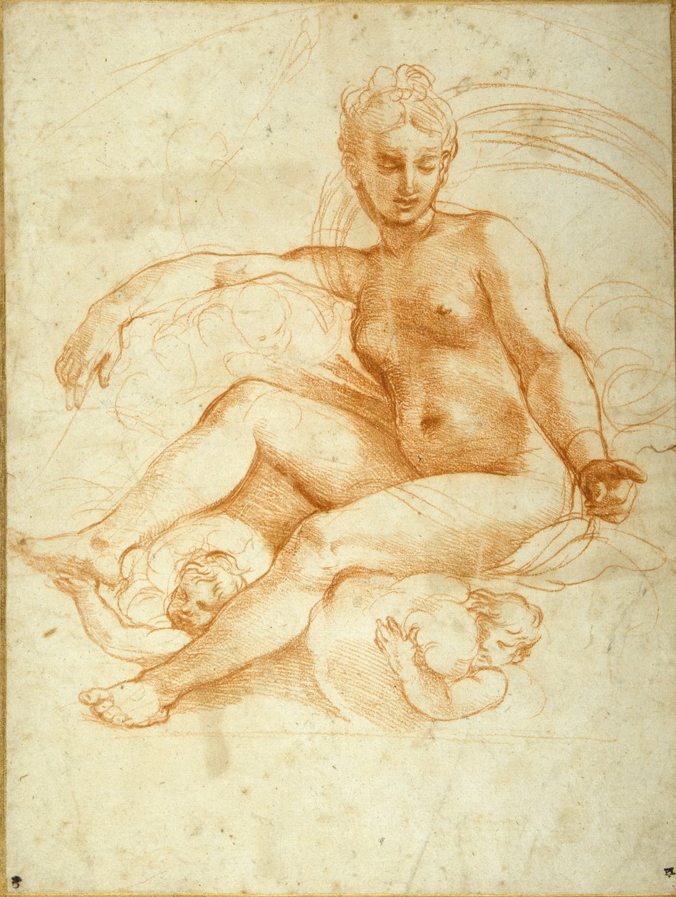 Venuše sedící na oblacích směřujících dolů (červená křída na bílém papíře) od Raphael