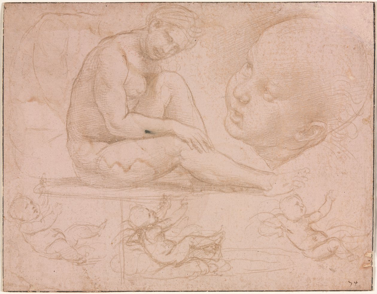 Studie sedící ženy, dětská hlava a tři studie miminka od Raphael