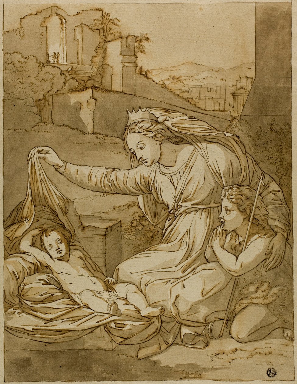Panna a spící Ježíšek s dítětem Janem Křtitelem od Raphael