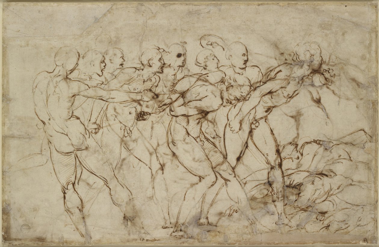 Bitva nahých válečníků se zajatci, WA1846.179 (pero a hnědý inkoust na černé křídě) od Raffaello Sanzio Raphael