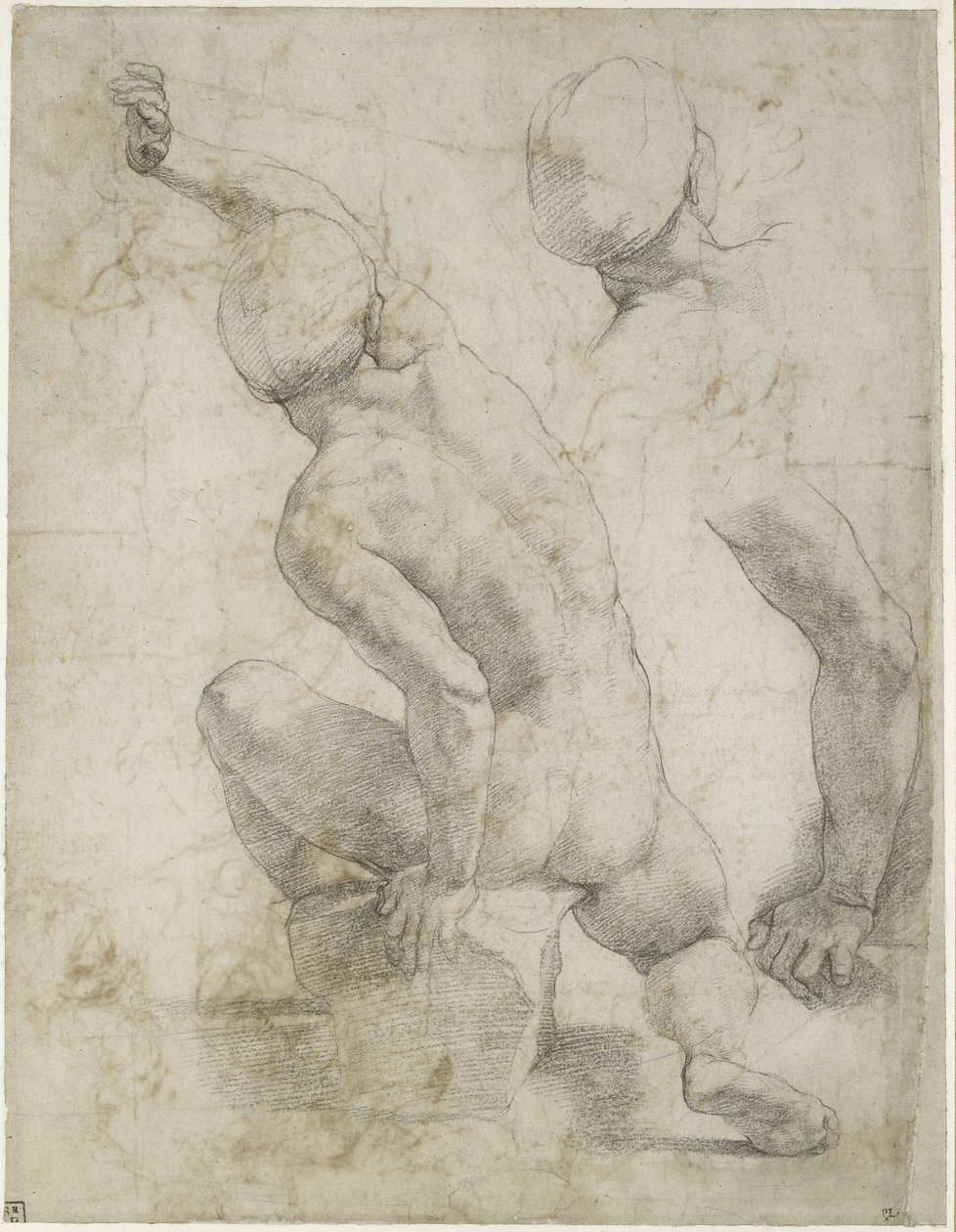 Recto: Nahý muž sedící na kameni, WA1846.200 (černá křída na špinavě bílém papíře) od Raffaello Sanzio Raphael