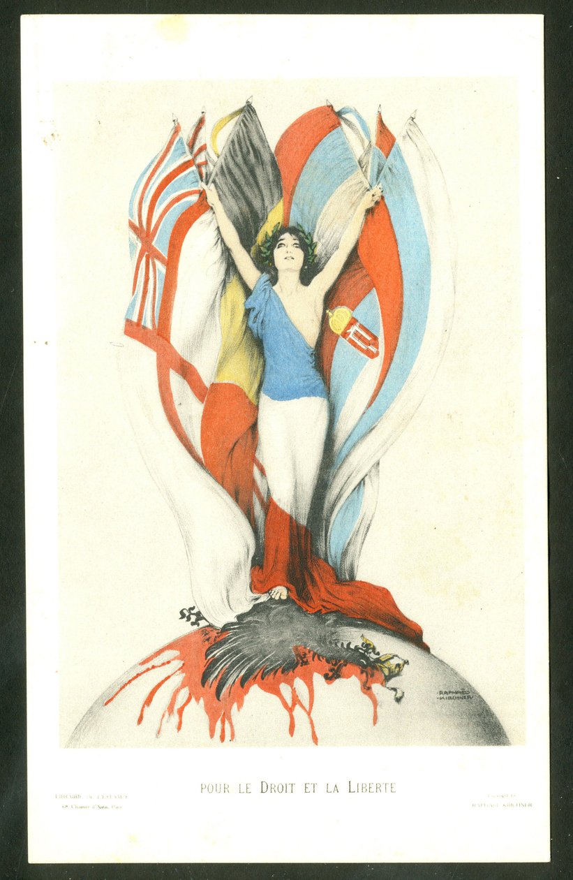 Pohlednice, barevná satirická: Za právo a svobodu - Válka 14-18, Spojenci, Vlajky - Ilustrace orla Kirchner (1876-1917) od Raphael Kirchner