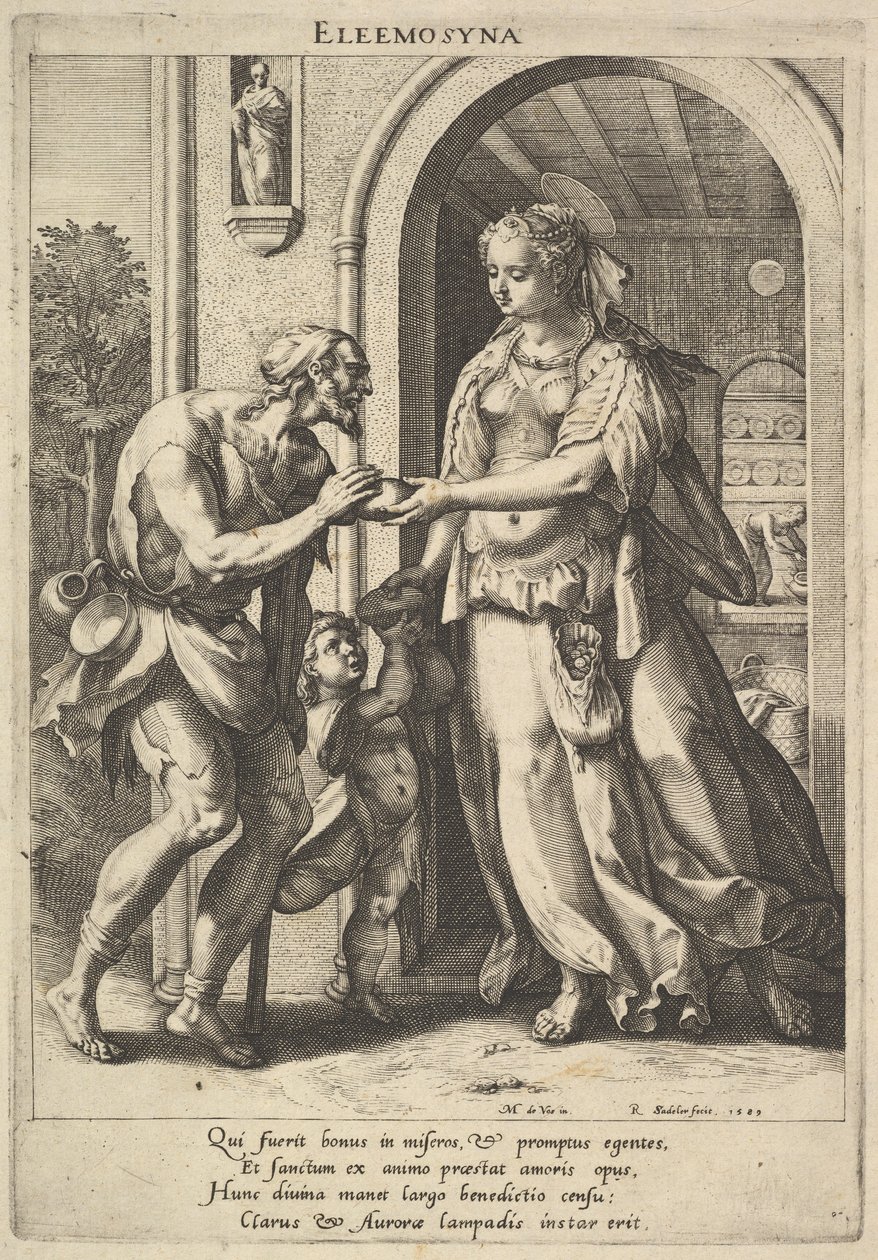 Almužna: žena s perlovou čelenkou a svatozáří podává chléb dvěma mužským žebrákům, jednomu be..., 1589. od Raphael Sadeler