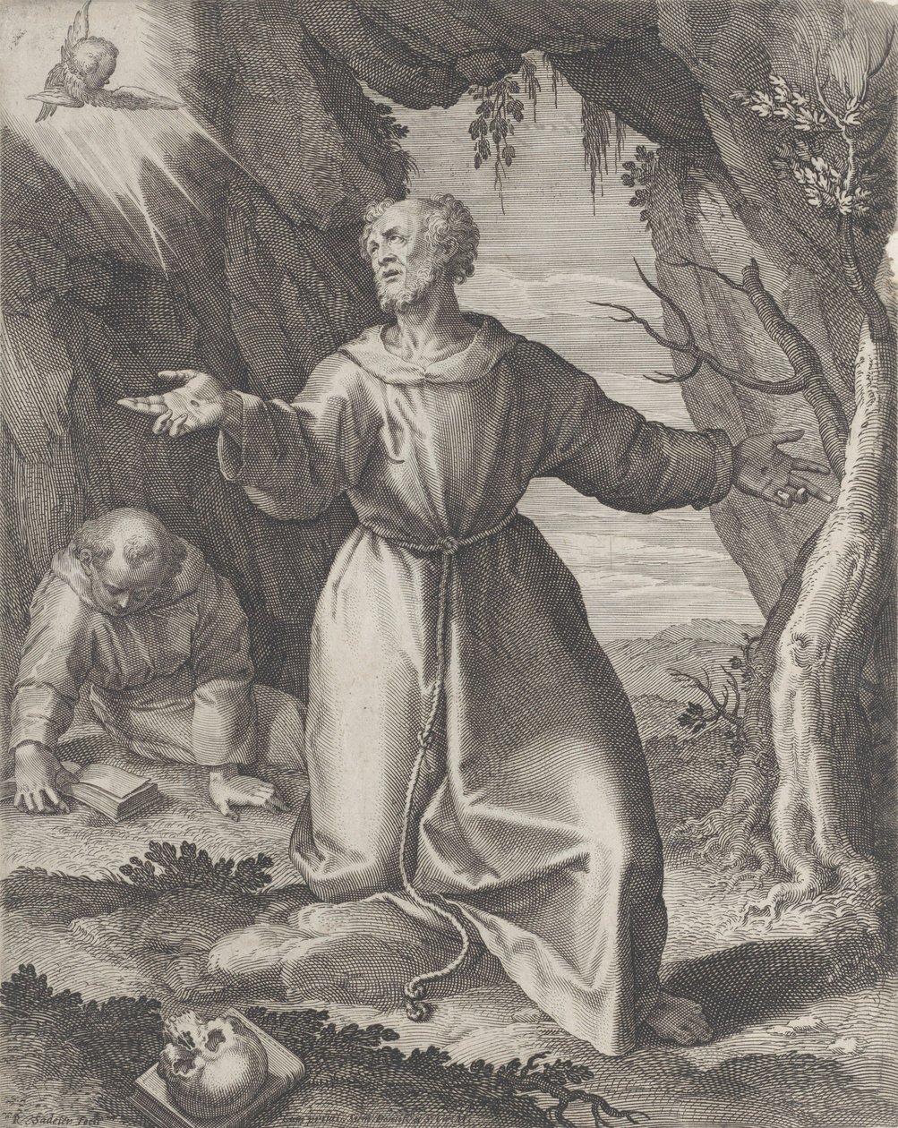 Svatý František klečící s rozpaženýma rukama, hledící na cherubína vlevo nahoře,..., 1599. od Raphael Sadeler
