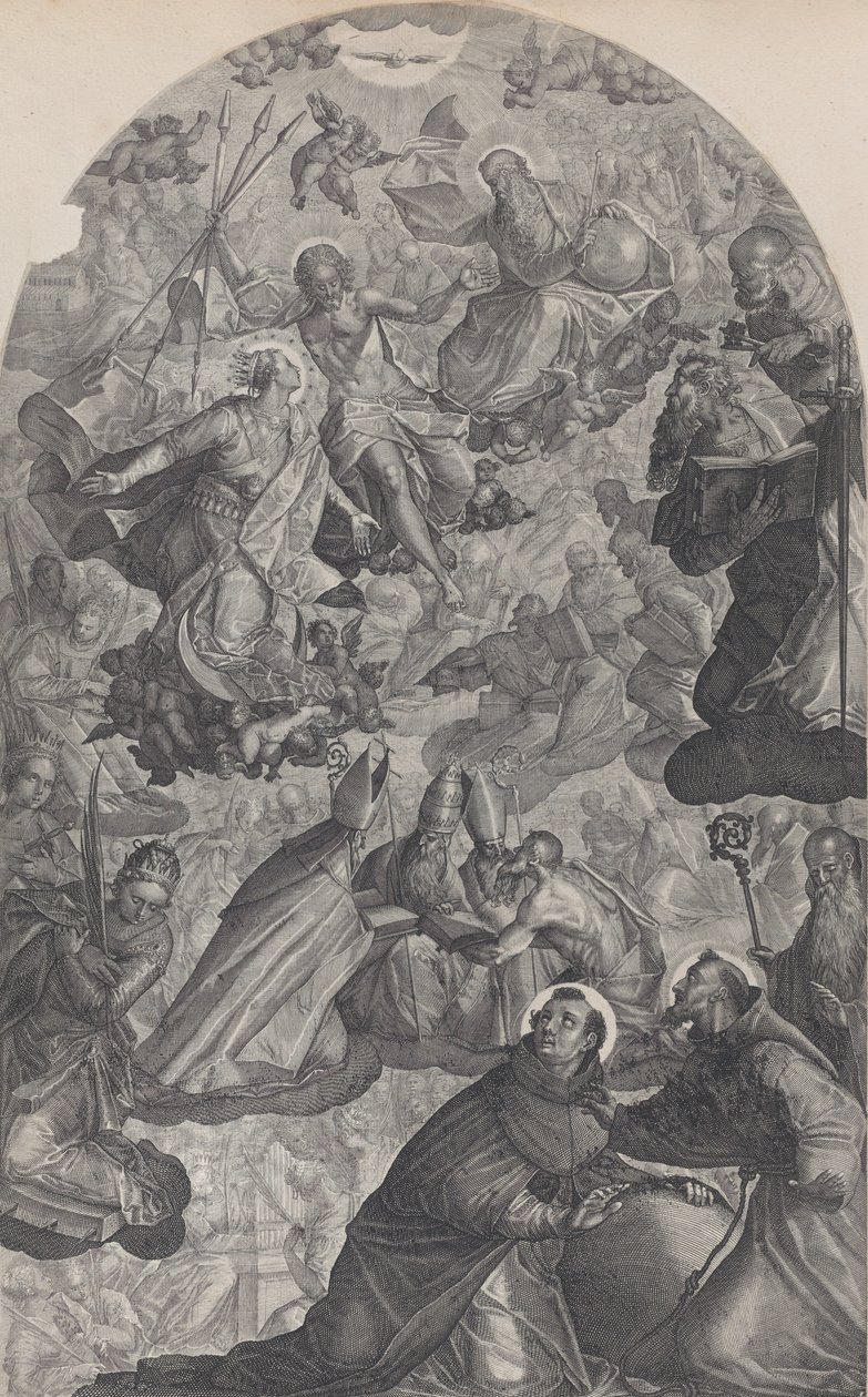 Vize svatého Dominika s Bohem Otcem a Kristem uprostřed nahoře, Panna Stan..., 1607. od Raphael Sadeler II