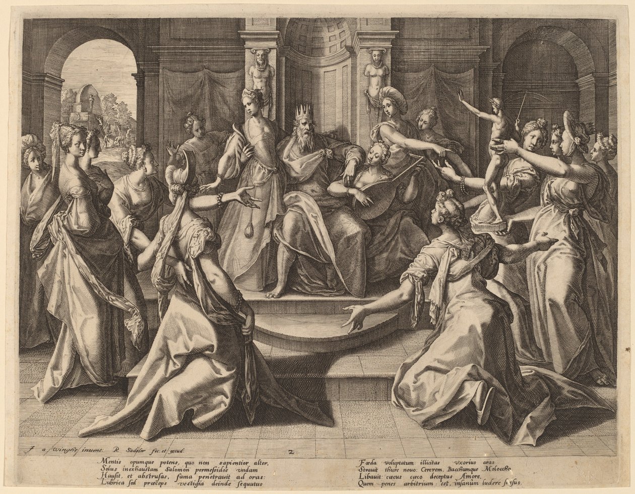 Solomon vedl k modlářství svými manželkami od Raphael Sadeler I after Joos van Winghe