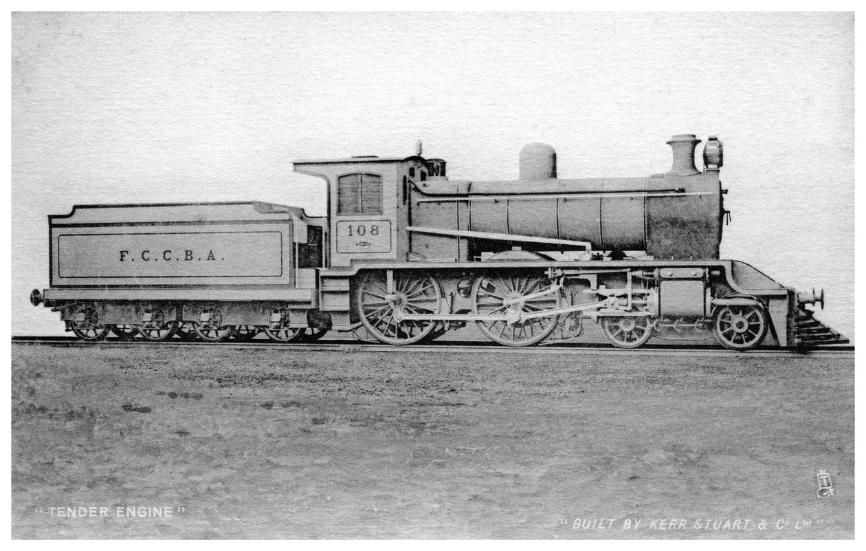 Tendrový motor 4-4-0, parní lokomotiva postavená Kerr, Stuart and Co, počátek 20. století. od Raphael Tuck