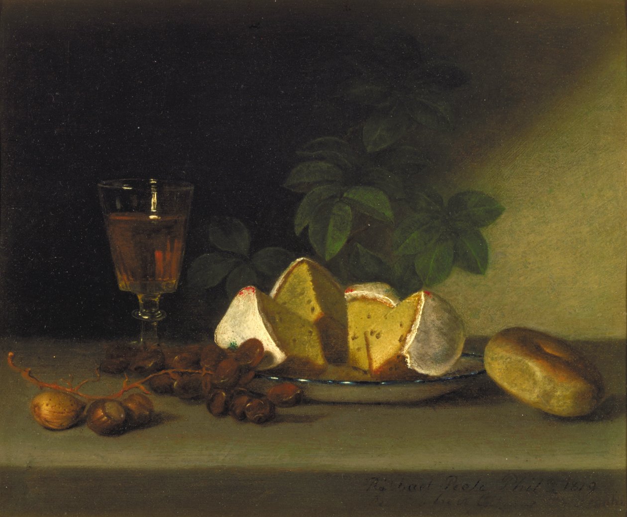 Zátiší s vínem, koláčem a ořechy, 1819 od Raphaelle Peale