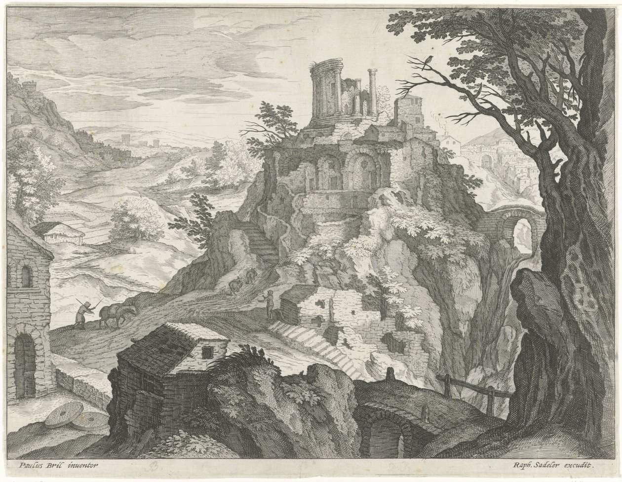 Krajina s chrámem Vesta v Tivoli od Raphaël Sadeler (I) (attributed to)