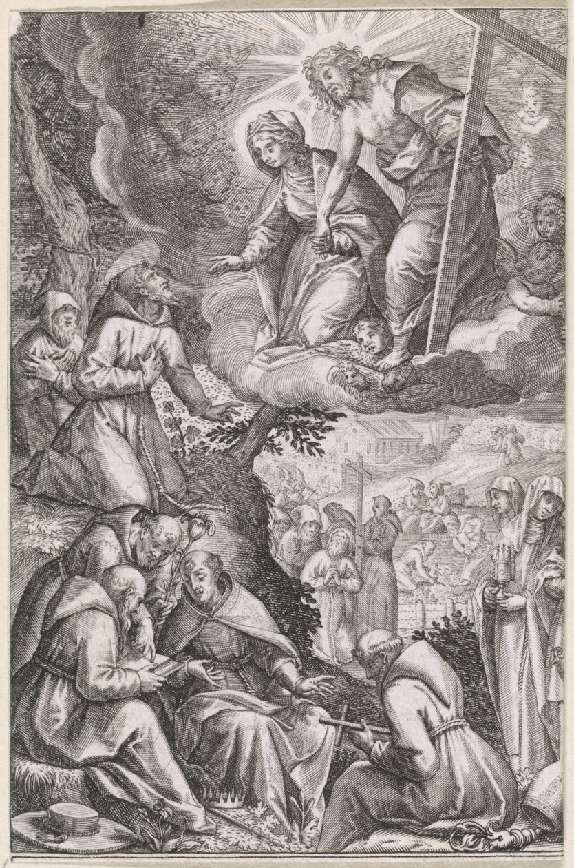 Svatému Františkovi a jeho řádu se zjevují Kristus a Panna Maria od Raphaël Sadeler (I)