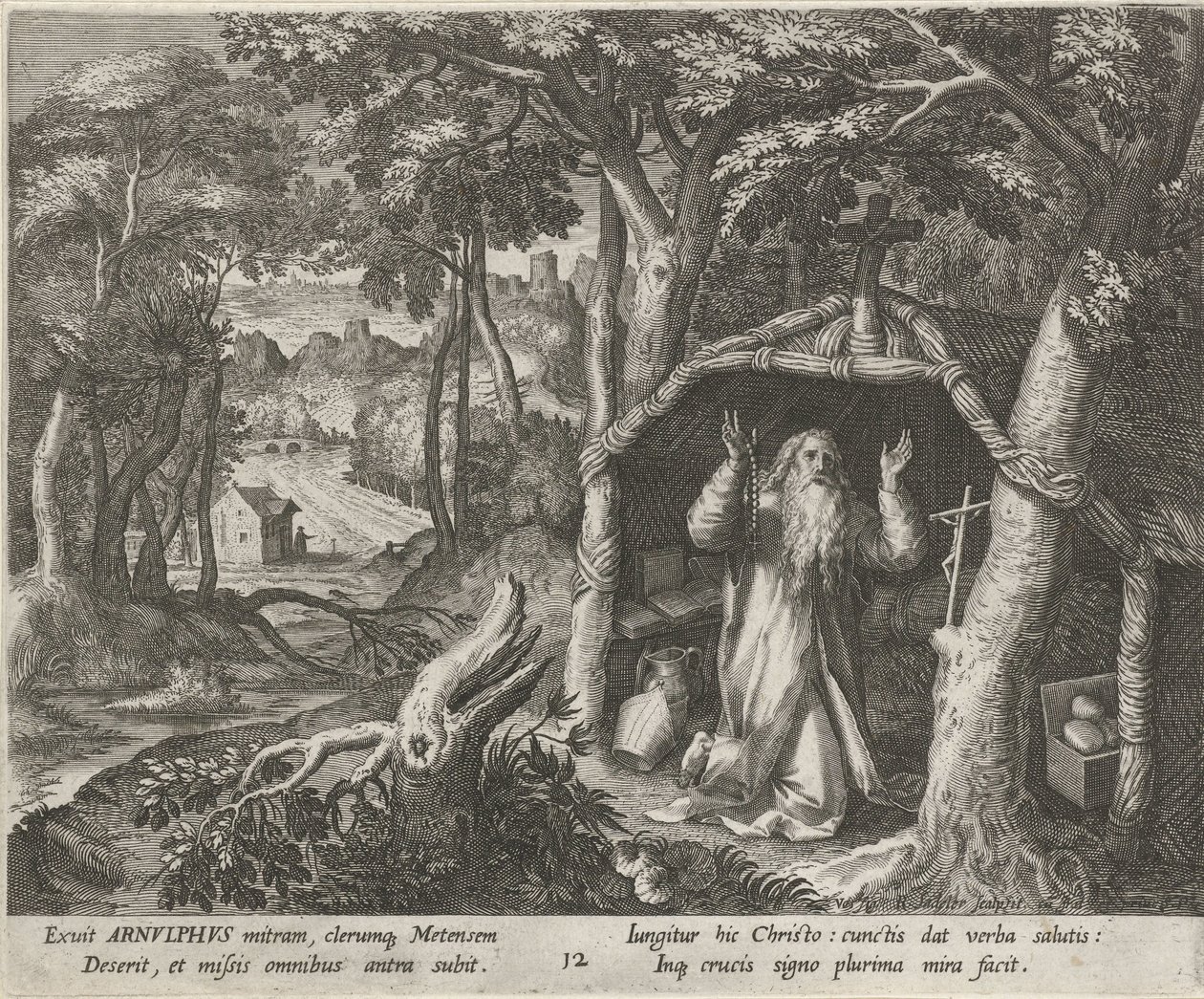 Svatý Arnold z Met jako poustevník Ctnostný život poustevníků (název série) Trophaeum vitae solitariae (název série) od Raphaël Sadeler (I)