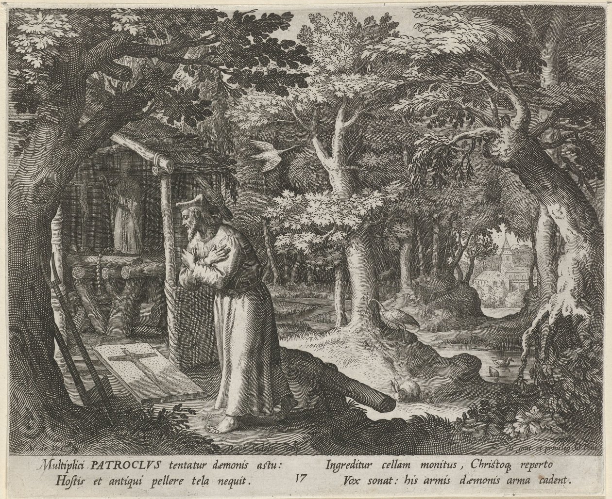 Svatý Patroklos z Néris jako poustevník Ctnostný život poustevníků (název série) Trophaeum vitae solitariae (název série) od Raphaël Sadeler (I)