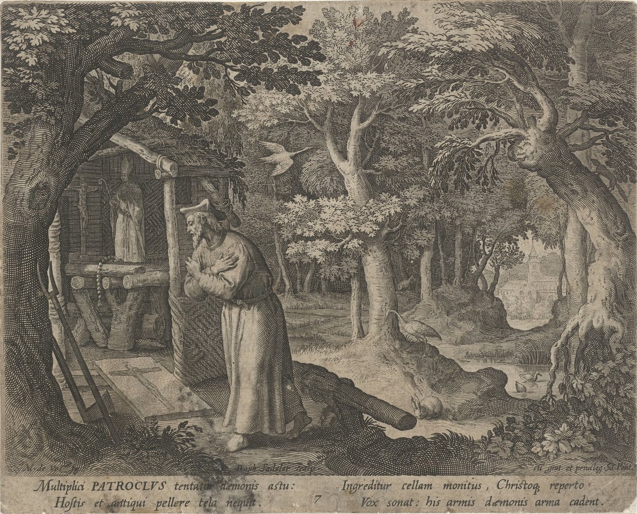 Svatý Patroklos z Néris jako poustevník Ctnostný život poustevníků (název série) Trophaeum vitae solitariae (název série) od Raphaël Sadeler (I)