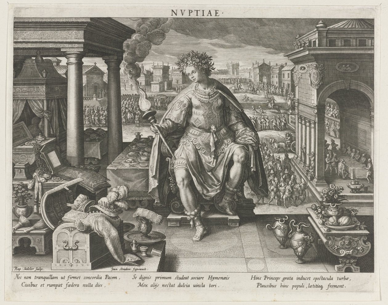 Nuptiae jako zosobnění manželství Nvptiae (název na objektu) Hlavní činnosti prince (název série) Schema, seu speculum principum (název série) od Raphaël Sadeler (I)