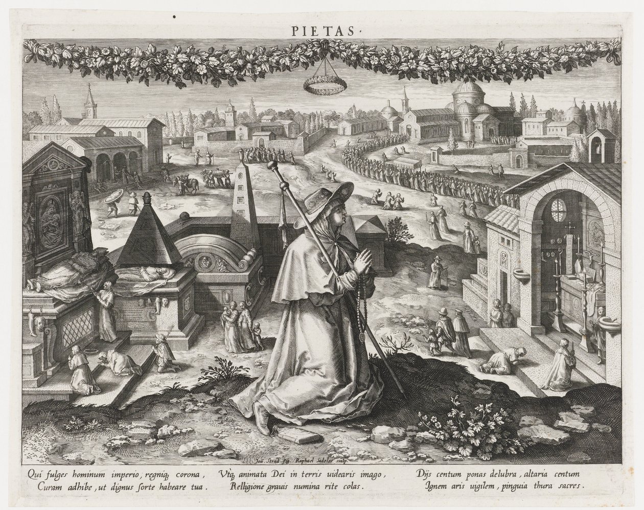 Pietas jako zosobnění zbožnosti Pietas (název na objektu) Hlavní činnosti prince (název série) Schema, seu speculum principum (název série) od Raphaël Sadeler (I)
