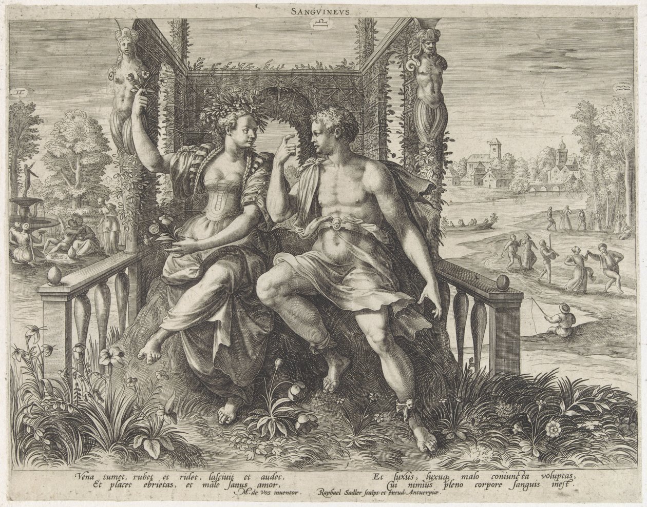 Sanguinisch temperament Sanguineus (titul na předmětu) Vier temperamenten (název série) od Raphaël Sadeler (I)