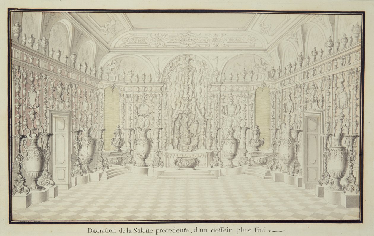 Vyobrazená zeď se stříbrnými a zlatými vázami v Tower Room Drážďanského paláce od Raymond Leplat
